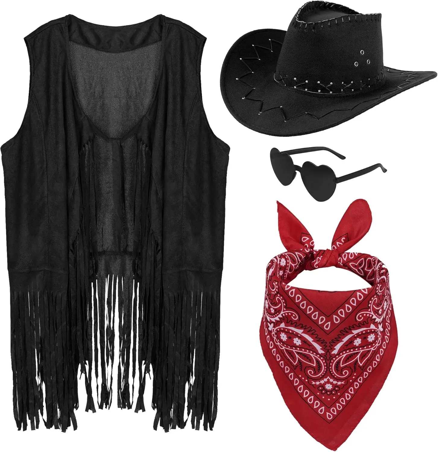 Frauen Männer Cowgirl Kostüm Western Weste Hut Gürtel Bandana Set für Cowboy Quasten Fransen Weste Halloween Outfits Wild West Cosplay: S / WEISS
