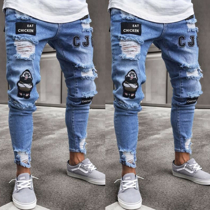 Brand Men Casual Stretchy Ripped Jeans Skinny Biker Jeans Destroyed Taped Slim Fit Denim Pants