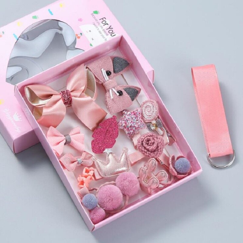 18 st baby hårklämma söt tecknad glitter kanin prinsessa krona hårspänne huvudbonad band rosett hårnålar blomma håraccessoarer: Han rosa-box