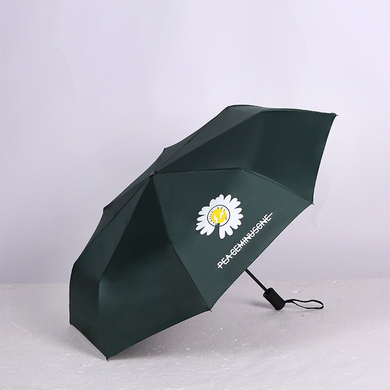 Piccola Margherita Ombrello Completamente Automatico Tri-piega Pieghevole in Vinile Ombrellone suola La Pioggia A Duplice uso Ombrello Semplice Temperamento Della signora ombrello: Tri-fold auto verde