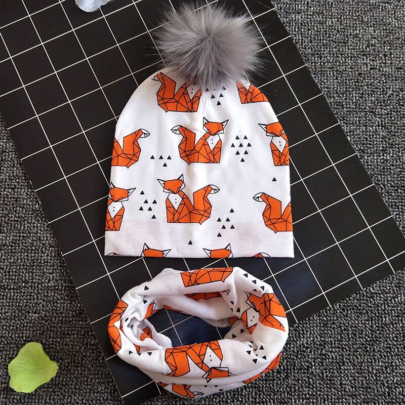 Baby Muts Sjaal Set Print Katoen Kinderen Cap Kraag Kids Jongens Meisjes Mutsen Baby Peuter Hoeden Sjaals Winter Hoeden Voor 1-3T: fox