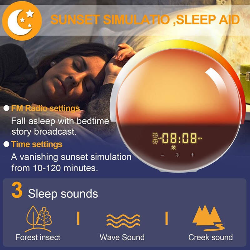 Reloj despertador inteligente con luz, 7 colores, WI-FI y APP, alarma Smart para días de trabajo con colores amanecer/atardecer, vida inteligente, Tuya App, compatible con Alexa y Google assistant