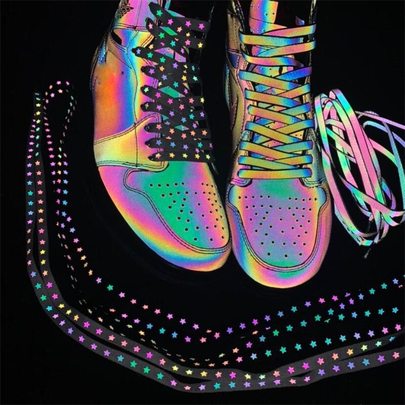 Cordones reflectantes holográficos de doble cara, cordones planos reflectantes de alto brillo para zapatillas deportivas, novedad