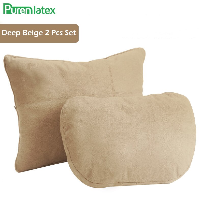 Ensemble de coussins de voiture en pur latex, oreiller orthopédique pour appui-tête en soie, protège le cou, soulage les douleurs à la tête, coussin de siège de conduite, oreiller automatique: Ensemble beige foncé