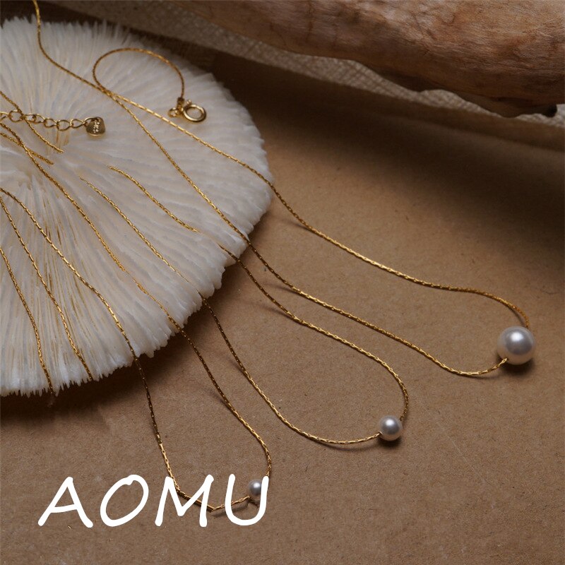 AOMU-collar con cadena fina de clavícula para mujer, collar Retro coreano con perlas geométricas de Metal dorado, joyería con carácter que combina con todo, novedad de