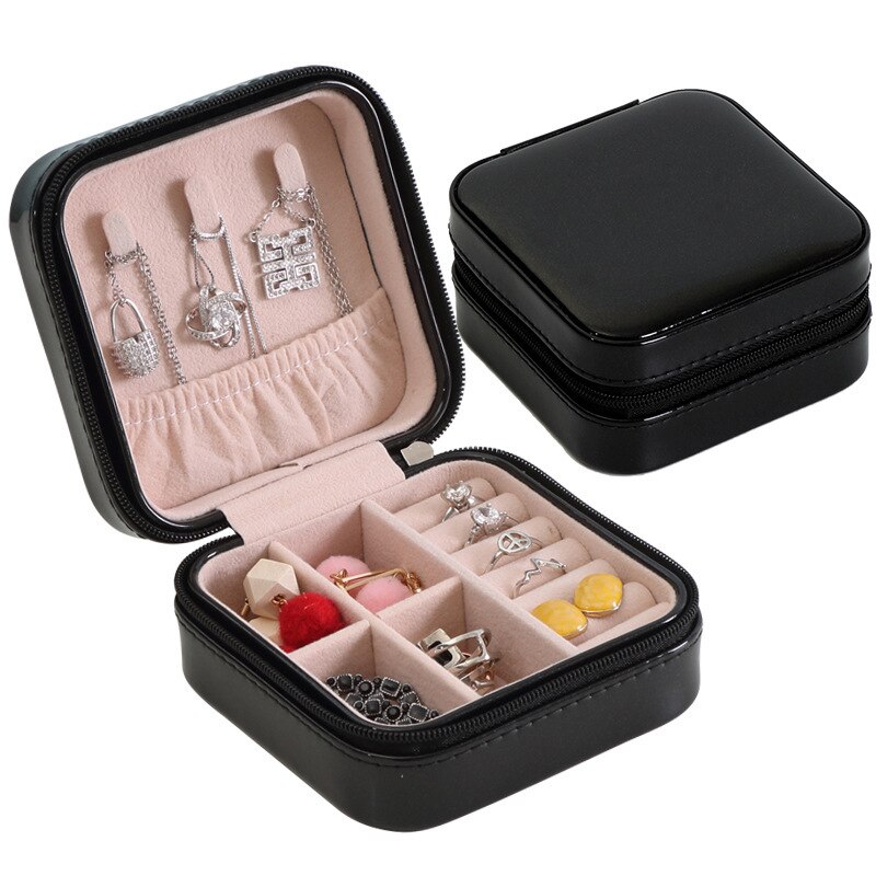 Universal Jewelry Organizer Display Travel Jewelry Case Boxes Portable Earring Necklaces Box Leather Storage Zipper Jewelers: 10x10x5cm black