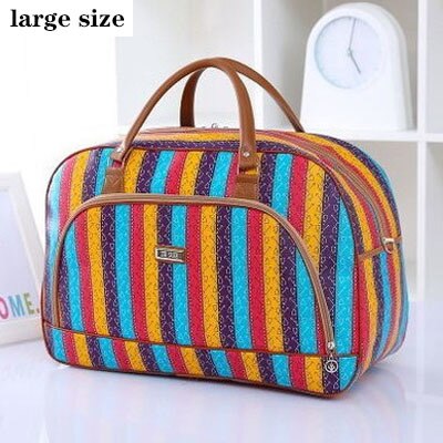 Women Travel Bags PU Leather Large Capacity Waterproof Print Luggage Duffle Bag Men Casual Travelling Weekend Bags: Rainbow stripes L