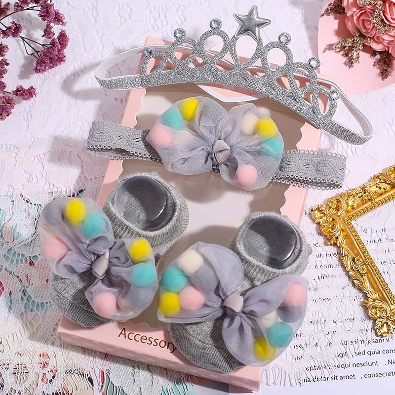 3er -einstellen babysocken + haarband mit süßen punkten und schleife, haarband mit blumenkranz, rutschfeste socken für babys und kleinkinder: Stil 1 g07