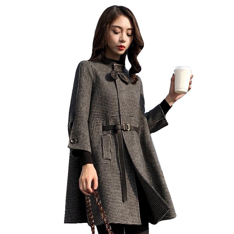 Veste en laine mi-longue pour femme, manteau de bureau, coréen, automne hiver , nouvelle Cape ample, petit mille oiseaux, treillis