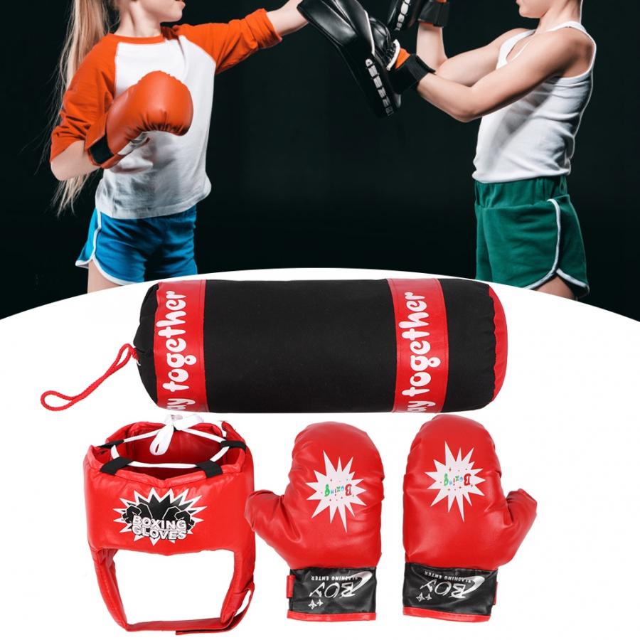 Kids Hanging Fight Training Boxing Sandbag Gloves Helmet Children Punching Bag Set