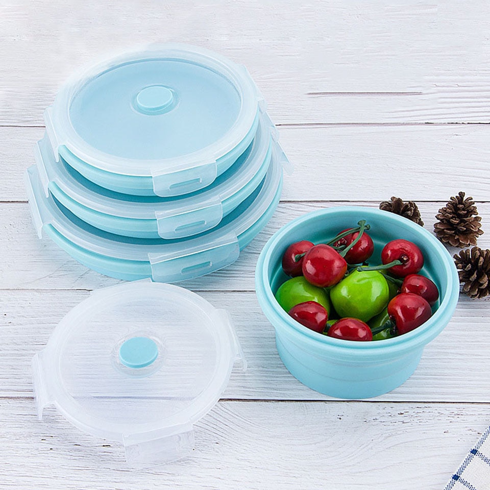 Faltbare Lebensmittel Container Faltbare Silikon Schalen Mikrowelle Gefrierfach Lebensmittel Lagerung Container mit Luftdichten Deckel für Mittagessen