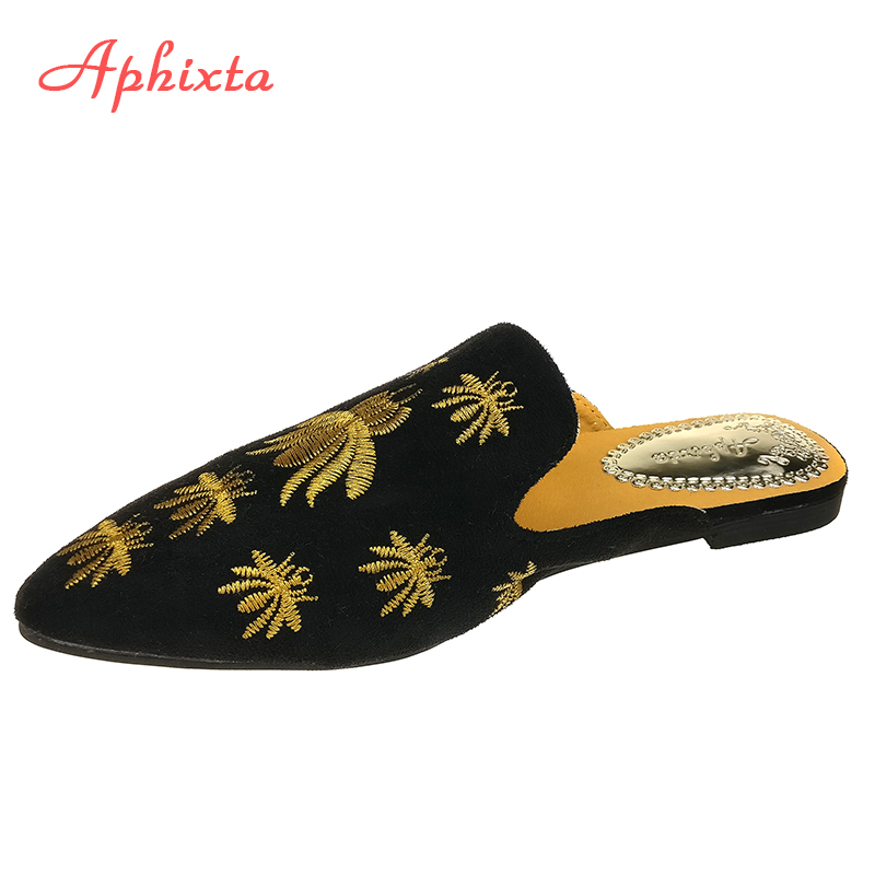 Aphixta femmes chaussures araignée pantoufles broderie peu profonde talon bas plat avec automne fleur Point orteil extérieur noir pantoufle
