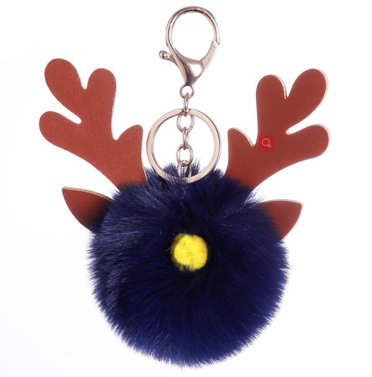 Noël flou Caribou corne cheveux boule porte-clés dessin animé Elk jouet pour femmes fille fausse fourrure boule sac à main porte-clés: navy