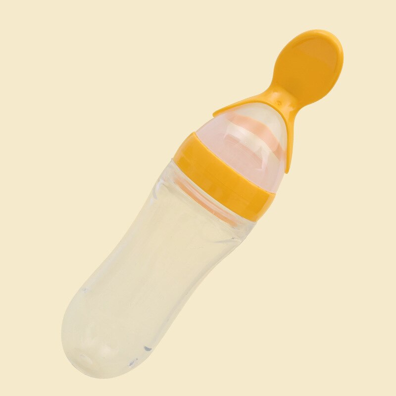 Baby Siliconen Squeeze Zuigfles 90 ml Veiligheid Baby Baby Siliconen Voeden Met Lepel Feeder Voedsel Rijstgraangewas Fles: YELLOW