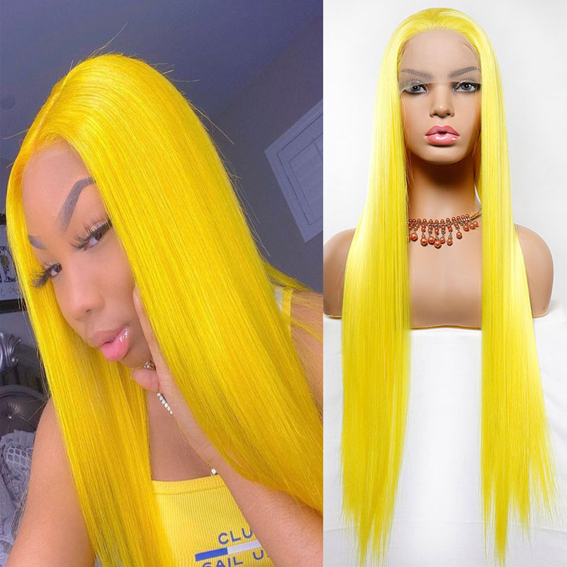 Bombshell gul 13*3 syntetiske blonder front paryk naturlig lige hårgrænse klistermærke varmebestandig fiber, dame paryk