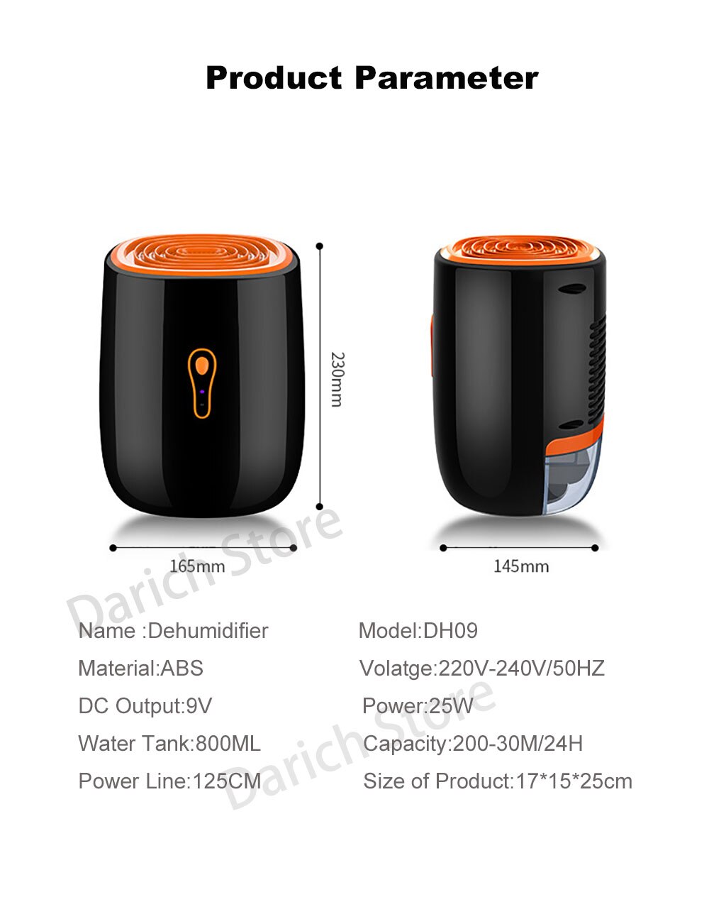 Deshumidificador de membrana iónica portátil para el hogar, Mini secador de aire de 10L, CC de 9V, 25W, 800ML, tanque de agua