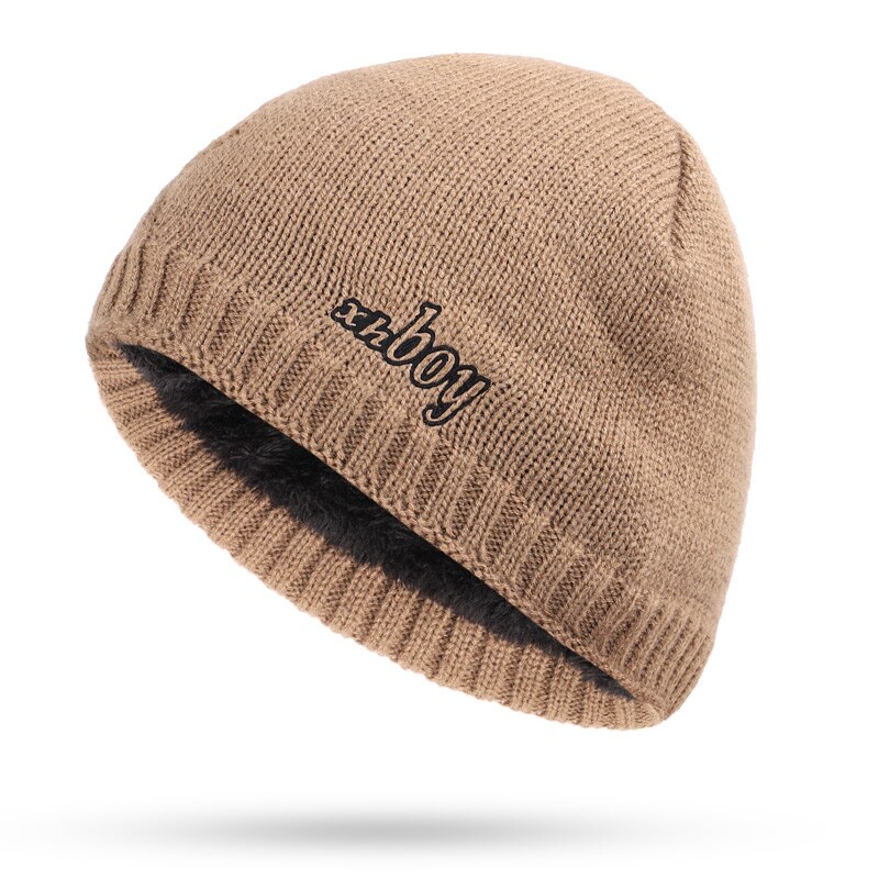 XHBOY Brand Knit Beanie Hat Plaid Stripes Men's Winter Hats Warm Plus Velvet Thicken Hedging Cap Skullies Bone Male: Khaki