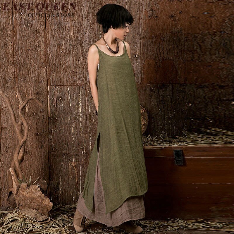Kvindes sommer linned kjoler sommer linned tøj kvinder tofarvet lang tank top kjole slip kjole  aa2432 yq: 2