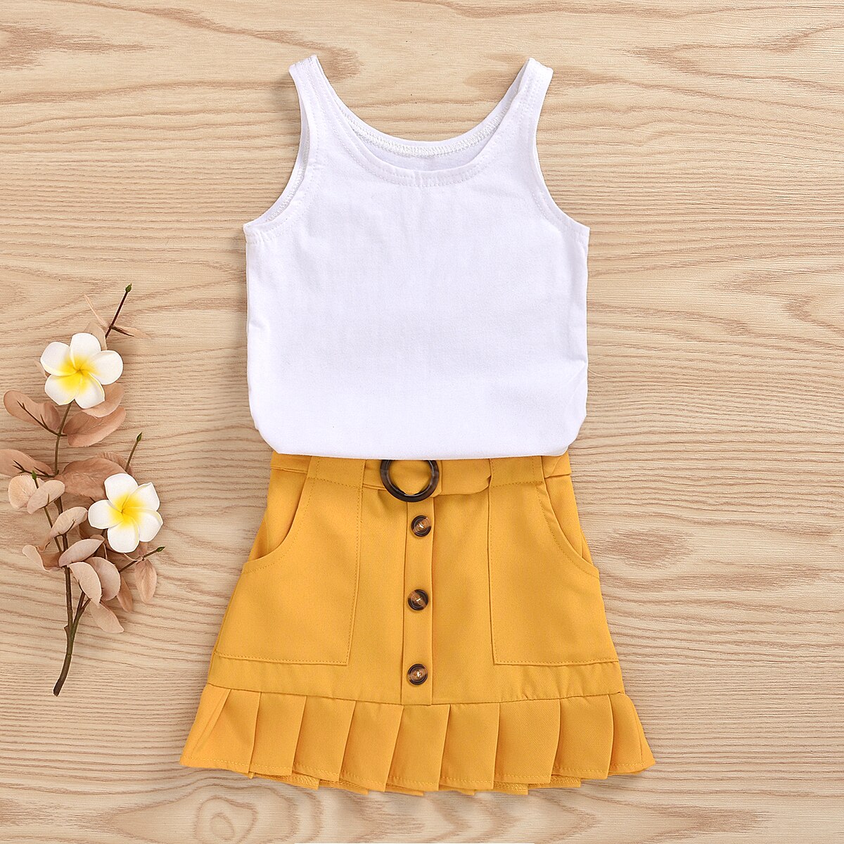2 stk småbørn børn baby pige tøj sæt ærmeløs solid vest romper gul plisseret nederdel sommer outfit sæt