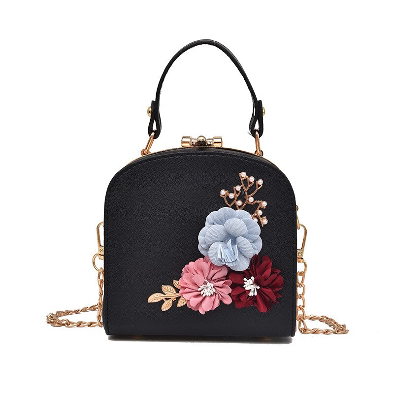 Handmade Flowers Bucket Bags Women Mini Shoulder Bags With Chain Drawstring Small Cross Body Bags Pearl Bags Leaves Decals: Black