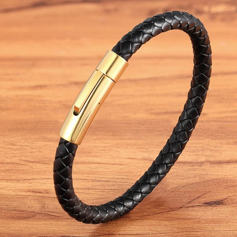 Mannen Armband Rvs Eenvoudige Knop Sluiting Zwarte Lederen Armband Voor Mannen Sieraden: gold