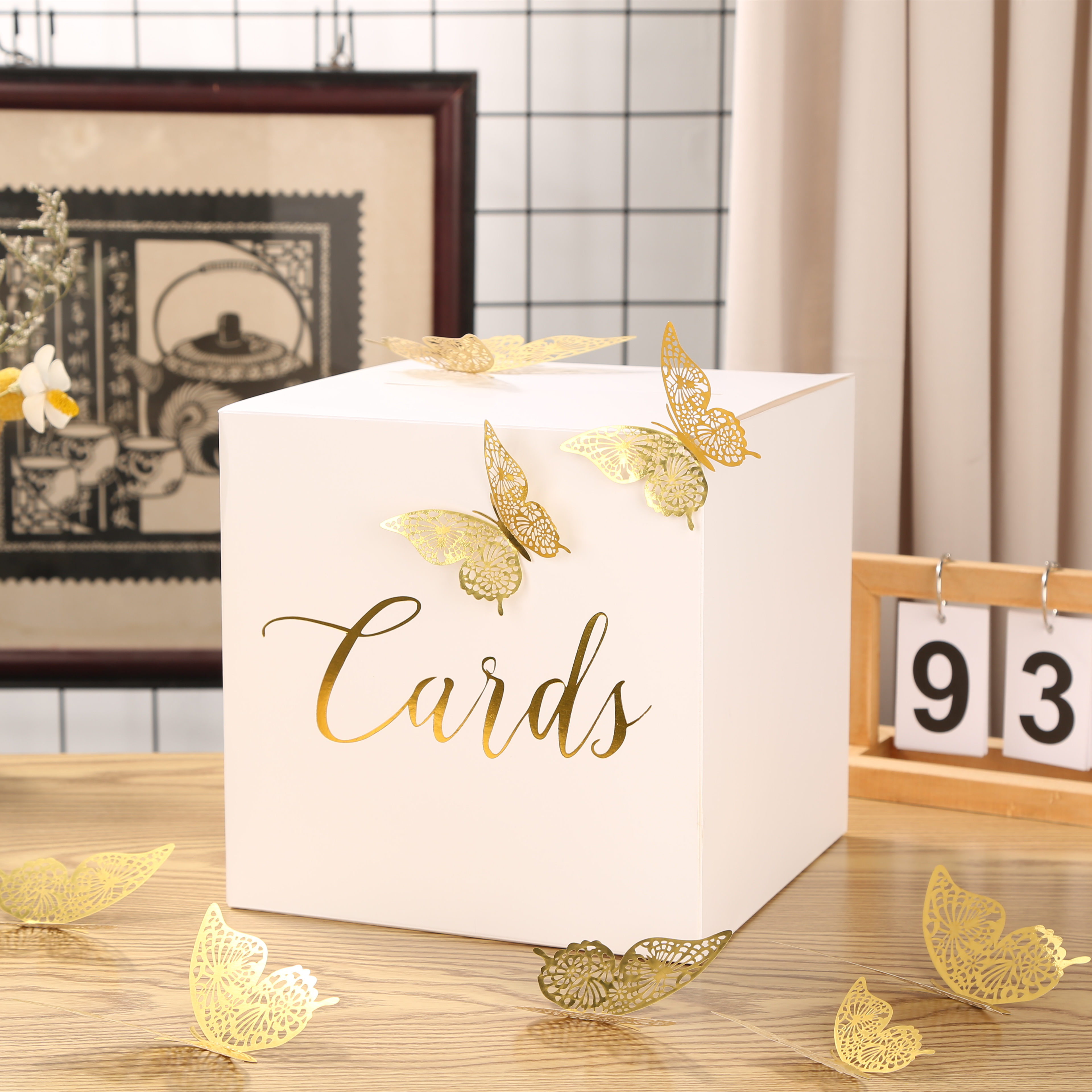 Caja de tarjetas para de cumpleaños de boda, caja de tarjetas de de cartón con letras en relieve y mariposa dorada ahuecada - cuadrado