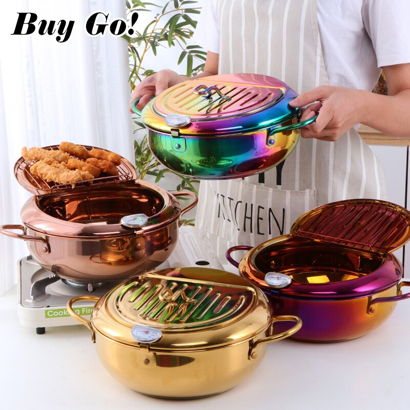 Olla de acero inoxidable con termómetro y tapa, sartén japonesa de Tempura profunda, práctica, utensilios de cocina seguros