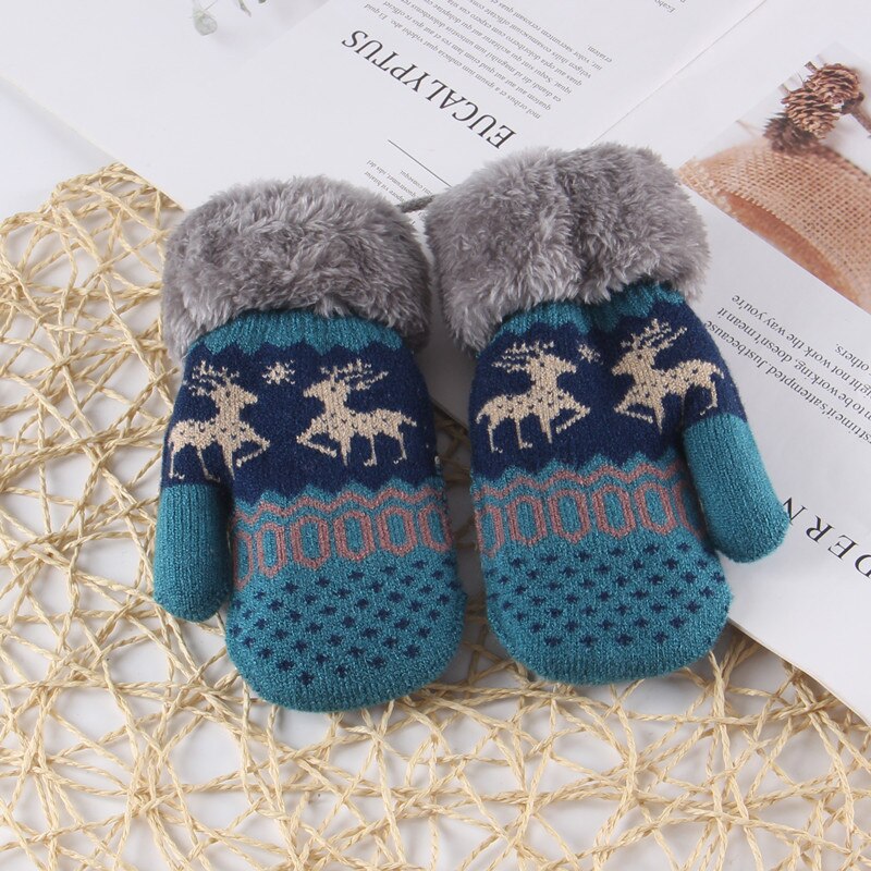 Christmas Toddler Baby Winter Cartoon Deer Velvet Knitted Mittens Gloves Boy Girl Kids Children Outdoor Child Gloves: Blue