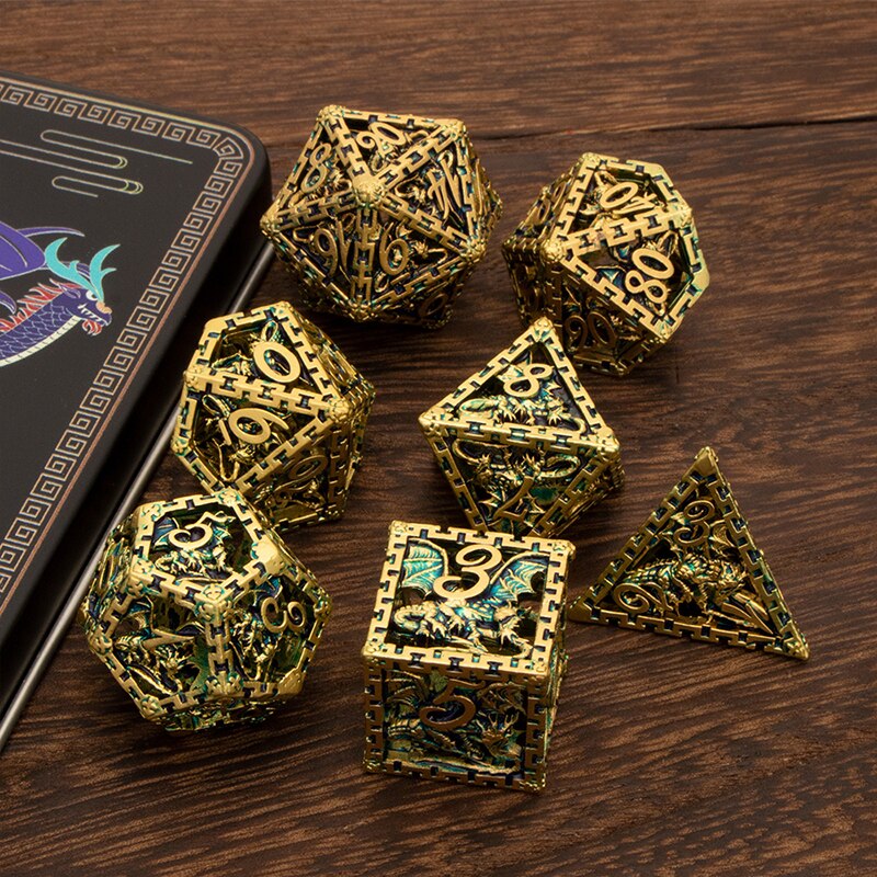 Set di dadi Dnd in metallo cavo prigione e drago D &amp; d D + D dadi D20 D12 D10 D % D8 D6 D4 RPG oro blu poliedro gioco di ruolo dadi