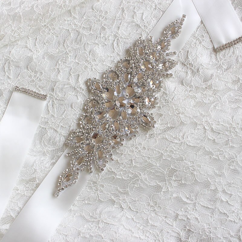 Bridal Crystal Wedding Accessories Satin Dress Belt Ribbon Waistband Sash for Evening Prom Dresses: white