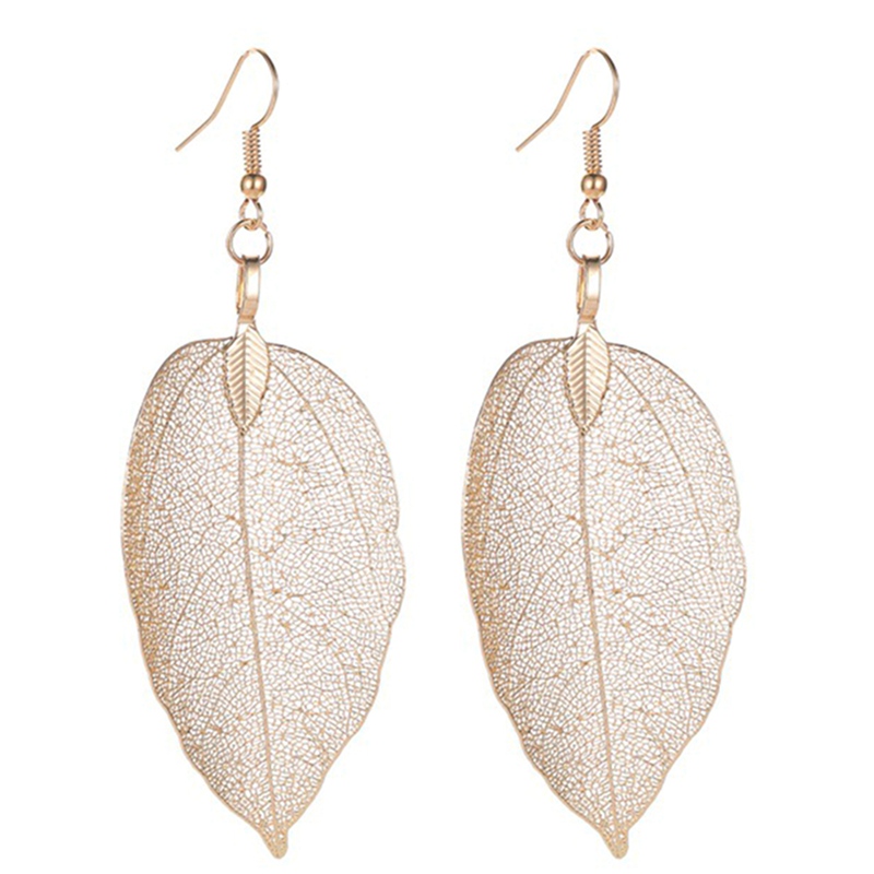 Natural Real Leaf Earrings Gold And Silver Big Statement Earrings For Women Tree Earrings: EAR8389GD