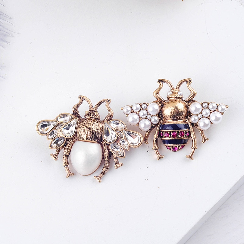 Bohemia Tendency Imitation Pearls Red/White Color Glass Bee Insect Brooch For Women Statement Jewelry