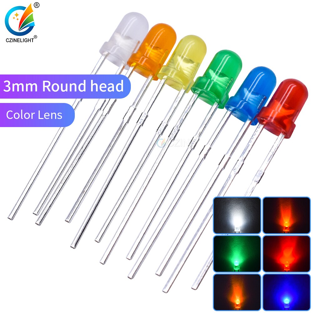 1000pcs/bag Czinelight Color Lens Emitting Light Bead 3mm Led Diode Red Yellow Blue Green Orange White