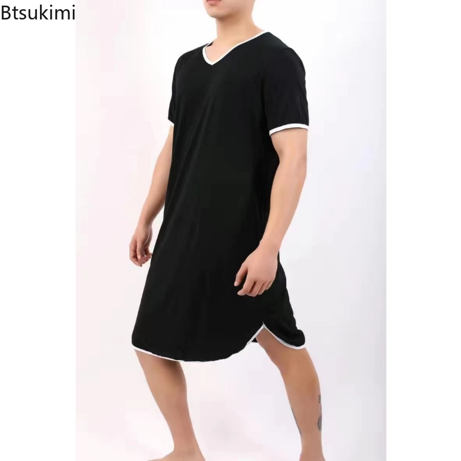 Men's Short-sleeved Lengthened Pajama Robes Loose Skin Friendly Casual Home Clothes Simple Vintage Bathrobe Men Nightgown