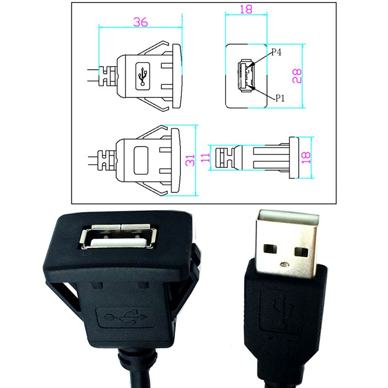 ABS Shell Buckle Type Dual Port USB 3.0/2.0 Male To Female Car, Ship, Motorcycle Instrument Panel Extension Waterproof Cable 1m
