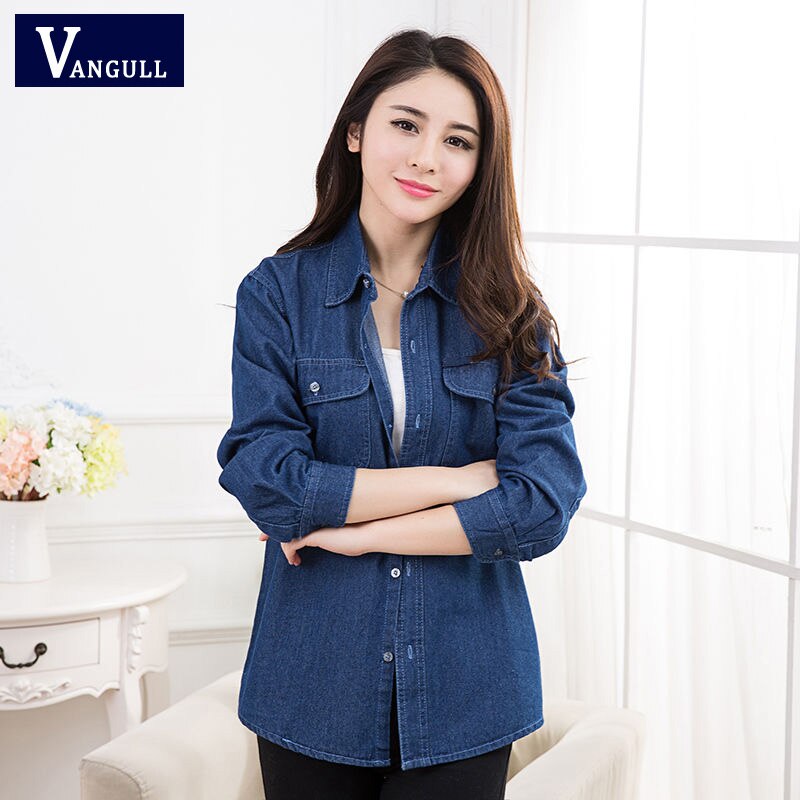 Vangull naisten farkkutakit kevät kesä yksivärinen bf-tyylinen paita taskuilla syksy naisten plus-koon väljät ohuet takit: Sininen / S