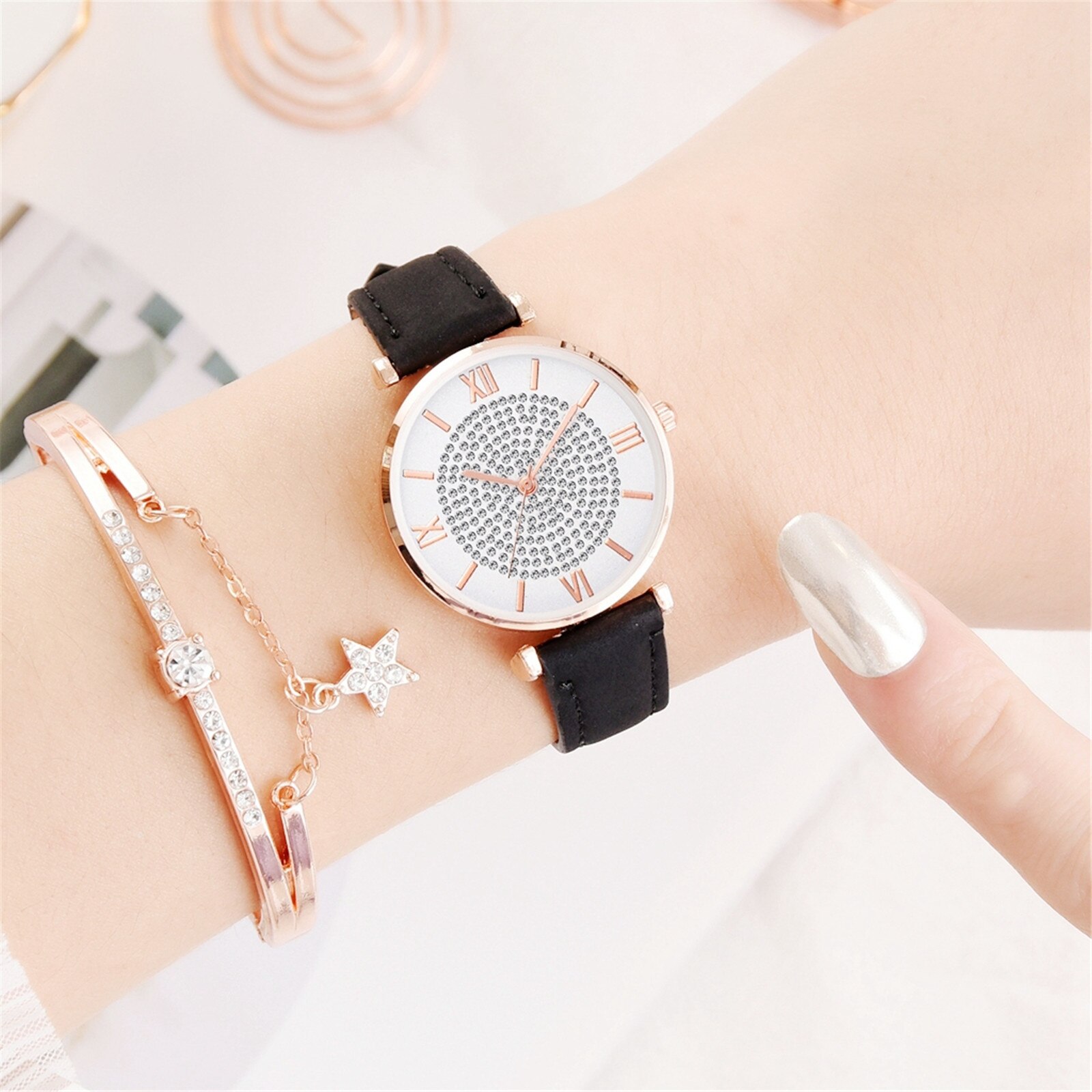 Kalender Tijd Horloge Dames Band Binnenring Volledige Diamond Dial Ster Armband Quartz Horloge Set Speelgoed Horloges Relogio Feminino