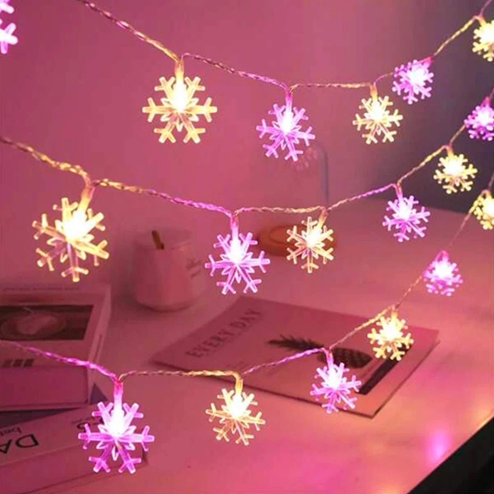 Guirnalda de luces con forma de copo de nieve, 10/20/40LED, funciona con pilas, para interiores y exteriores, jardín, , guirnalda de luces, decoración de árbol de Navidad