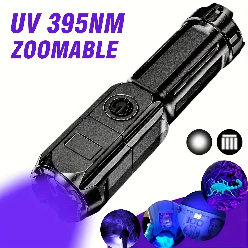 Linterna UV portátil UV 395NM linterna ABS con zoom 3 modos Camping linternas ultravioleta para detección fluorescente de pilas para mascotas: Default Title
