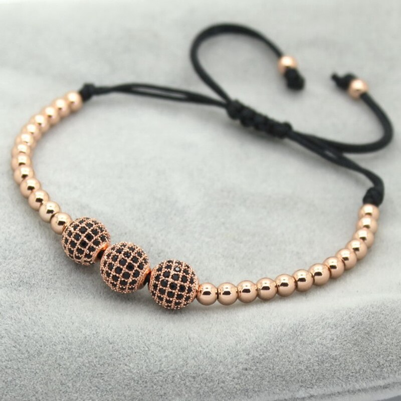 Berømt mærke kvinder armbånd ,8mm pave indstilling sorte cz perler & rosa guld 4mm runde perler & fletning armbånd til kvinder