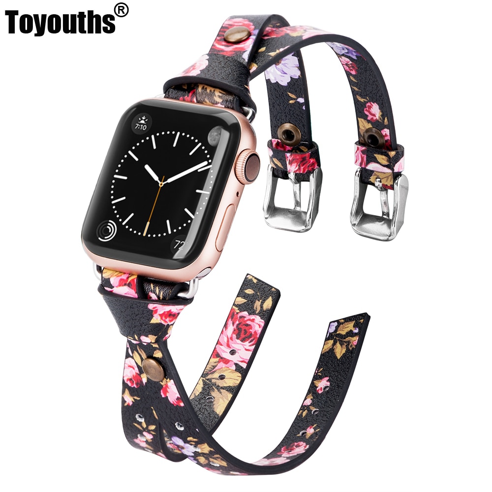 Toyouths dobbel skinnrem for apple watch serie 5 4 3 2 1 stropp for iwatch chic kvinner menn skinn 38mm/40mm /42mm/44mm