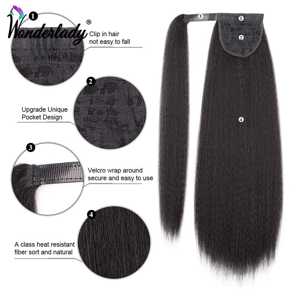 WonderLady Afro Yaki Straight Drawstring Ponytail Synthetic Hair Extensions Long Hairpiece Wrap Around Ponytail For Women Black