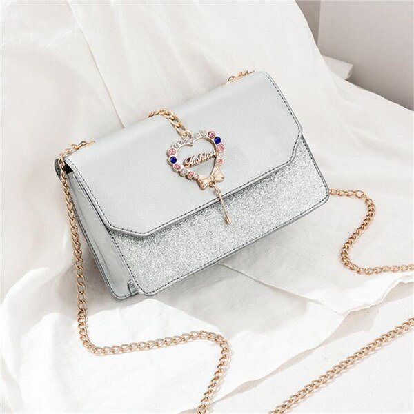 Gusure Shoulder Bag - Heart Sequin Flap - Chain Strap - Small PU Purse for Women: Gray