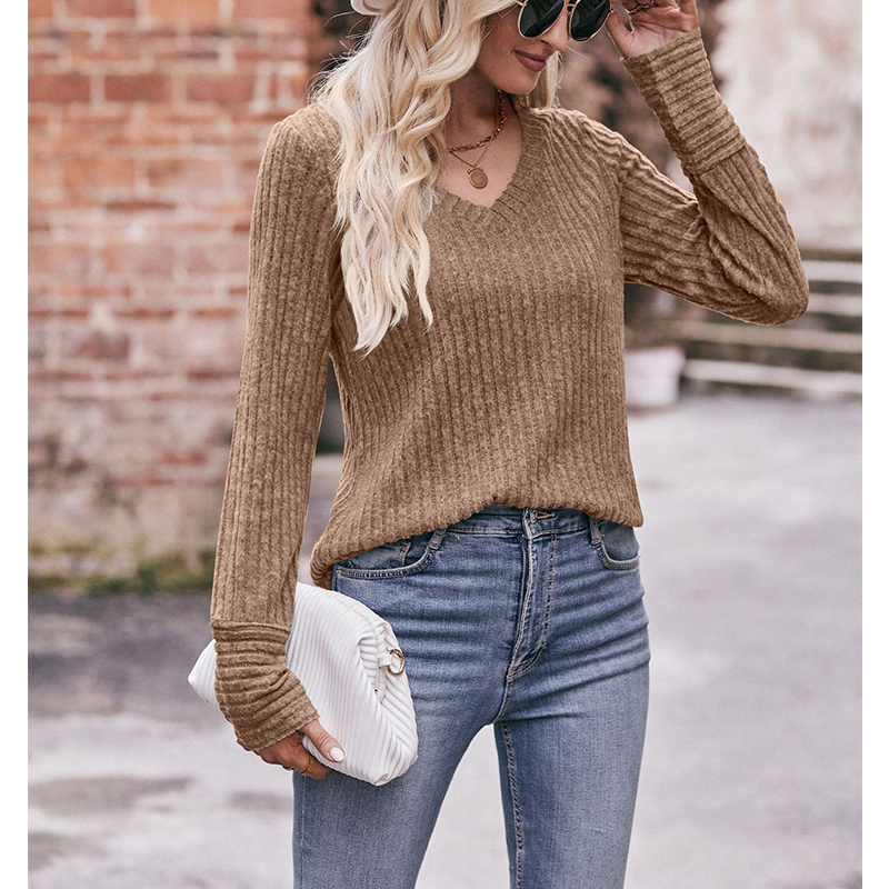 Herfst Winter Losse Casual V-Hals Pullover T-Shirts Dames Mode Eenvoudige Lange Mouw Onderkant Top Vrouwen T-Shirt Dames Kleding