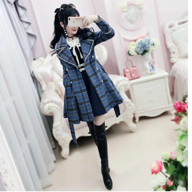 Gabardina para mujer, gabardina azul a cuadros, abrigo de medio largo lana británico, Invierno , rompevientos para mujer