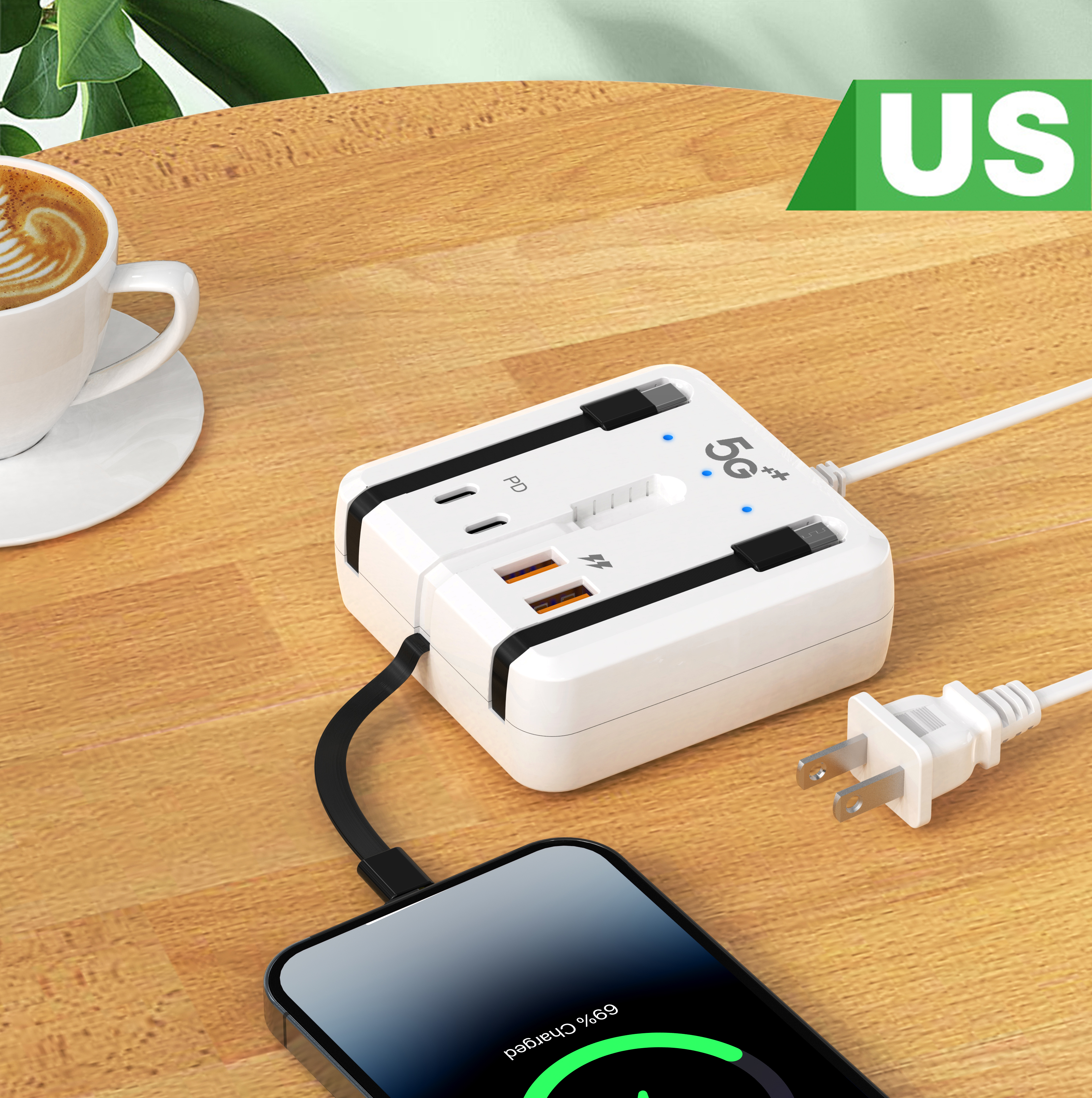 Cargador USB C PD de 4 puertos, estación de carga rápida, tira de alimentación divisora con Cables de carga, adaptador de concentrador USB tipo C, cargadores rápidos: CH
