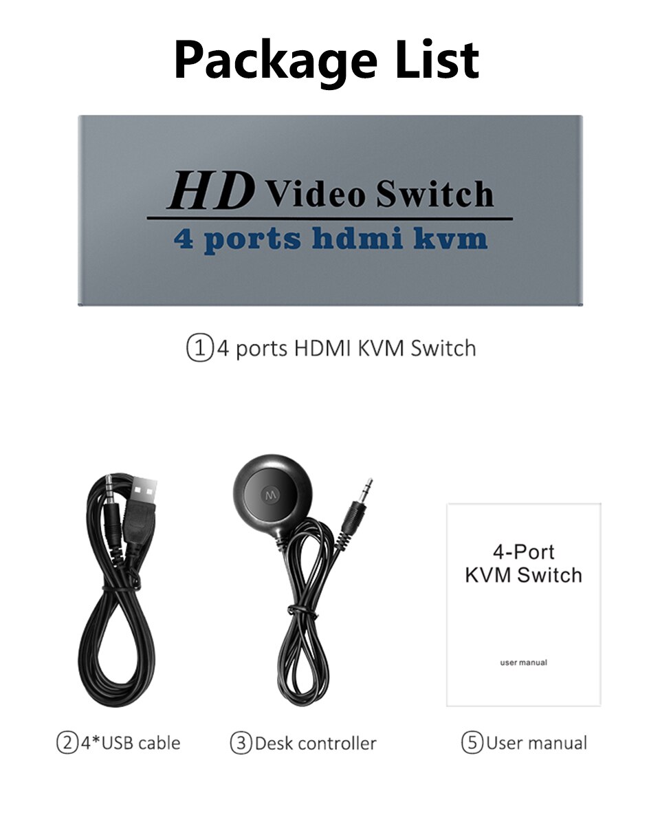4-portowy HDMI USB KVM 4K przełącznik Splitter do wspólnego monitora klawiatura i mysz adaptacyjna drukarka EDID / HDCP Plug And Play: Default Title