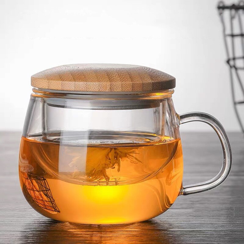 Glass Tea Infuser Cup With Transparent Filter Handle Bamboo Lid Heat-resistant Flower Teacup Office Tea Mug Drinkware