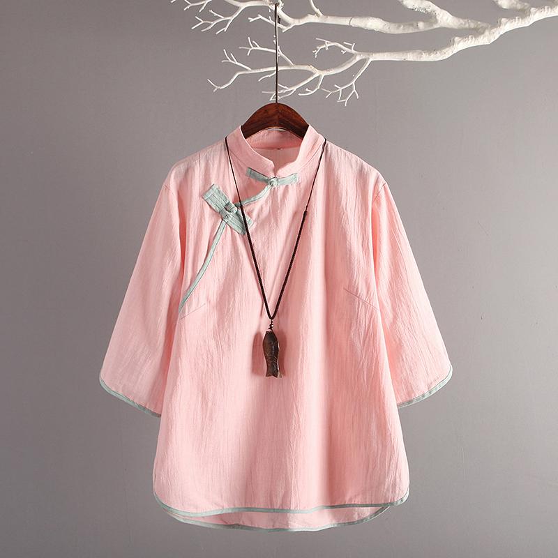 Nagodo chinois tunique Top traditionnel chinois vêtements améliorés Zen manches lâche lin hauts femmes coton Cheongsam chemise: pink