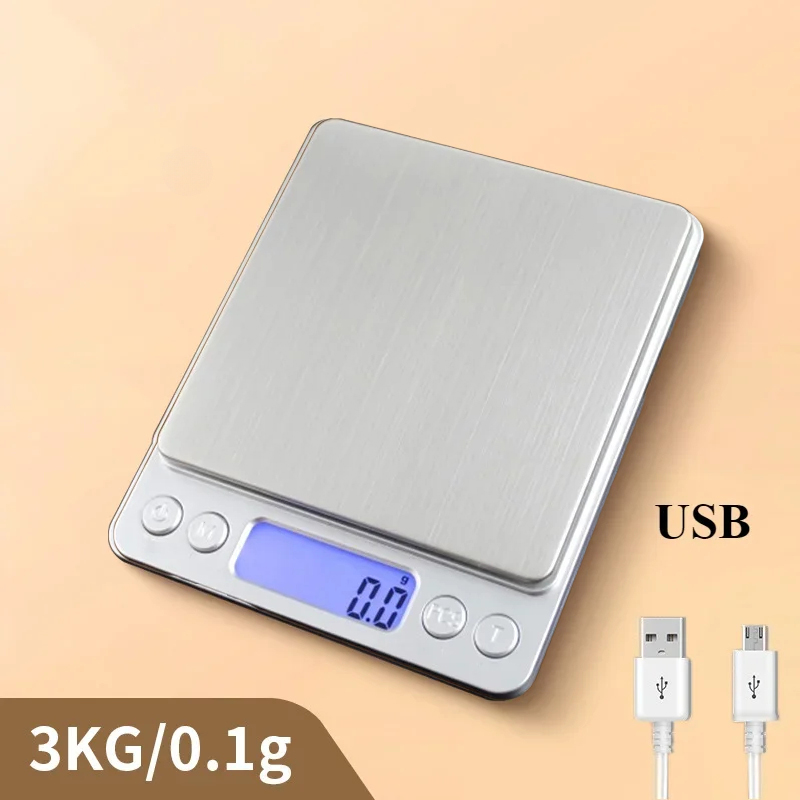 Cyfrowa waga kuchenna 3000g/0.1g USB Akumulatorowa mini waga kieszonkowa do użytku domowego z 2 tacami Wagi do żywności Narzędzia